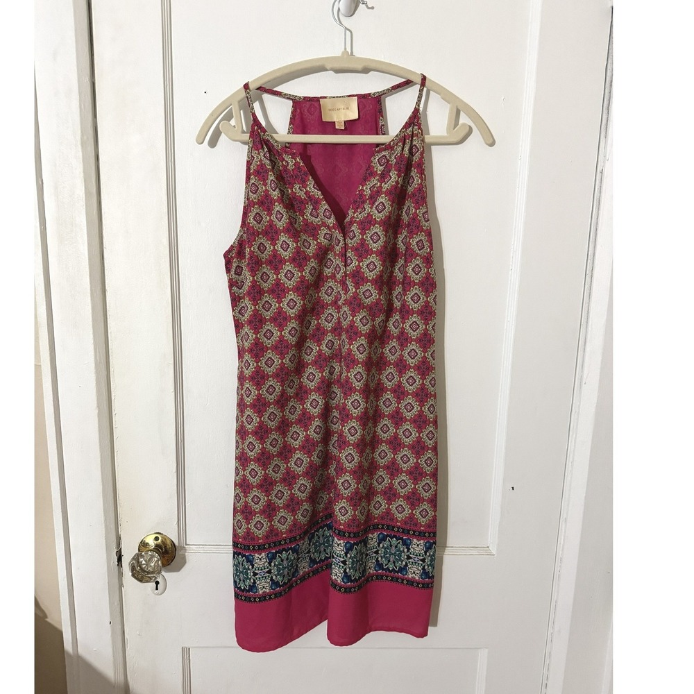 Skies Are Blue Pink Medallion Print Racerback Mini Dress Boho V-Neck Medium